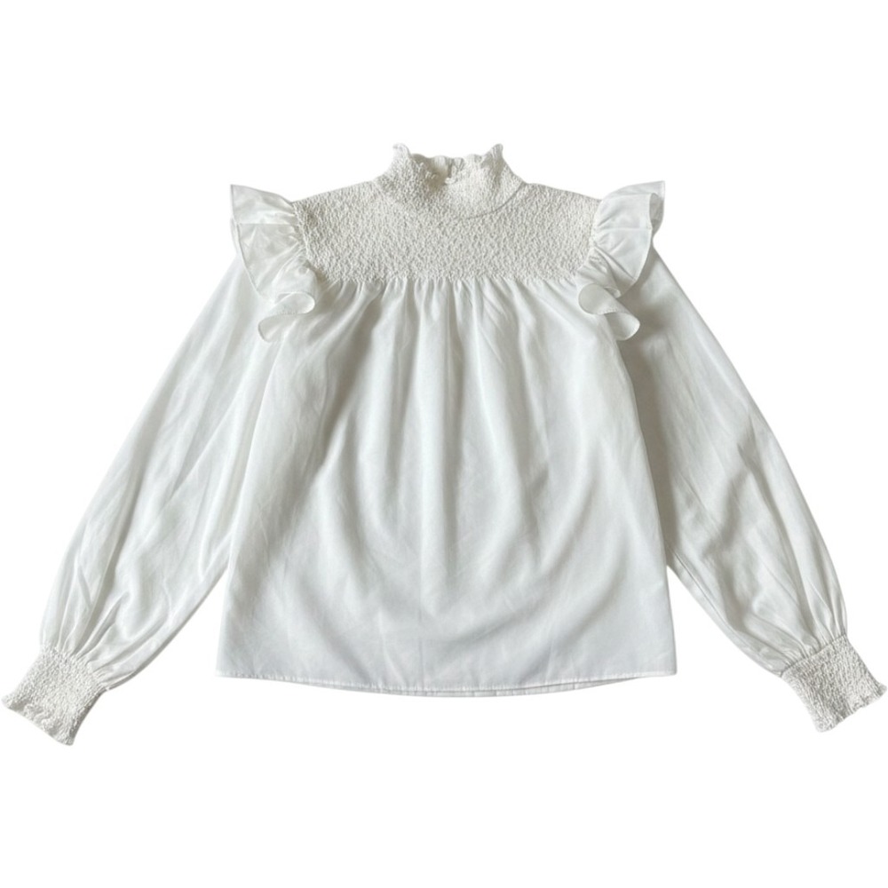 Cinq a Sept White Smocked High Neck Ruffle Shoulder Blouse SZ M‎ Fancy Career